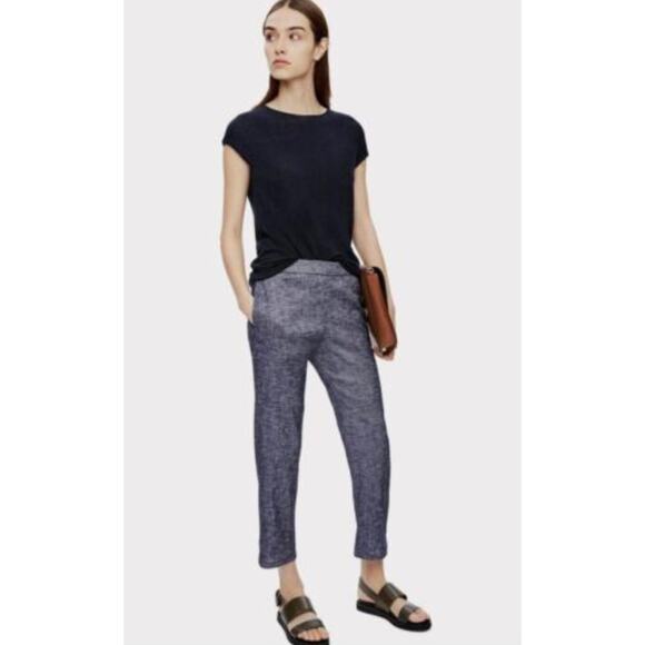 Theory Northsound Tierra Linen Pants 10 Washed Denim Blue Pull On Travel Crop - Picture 1 of 8